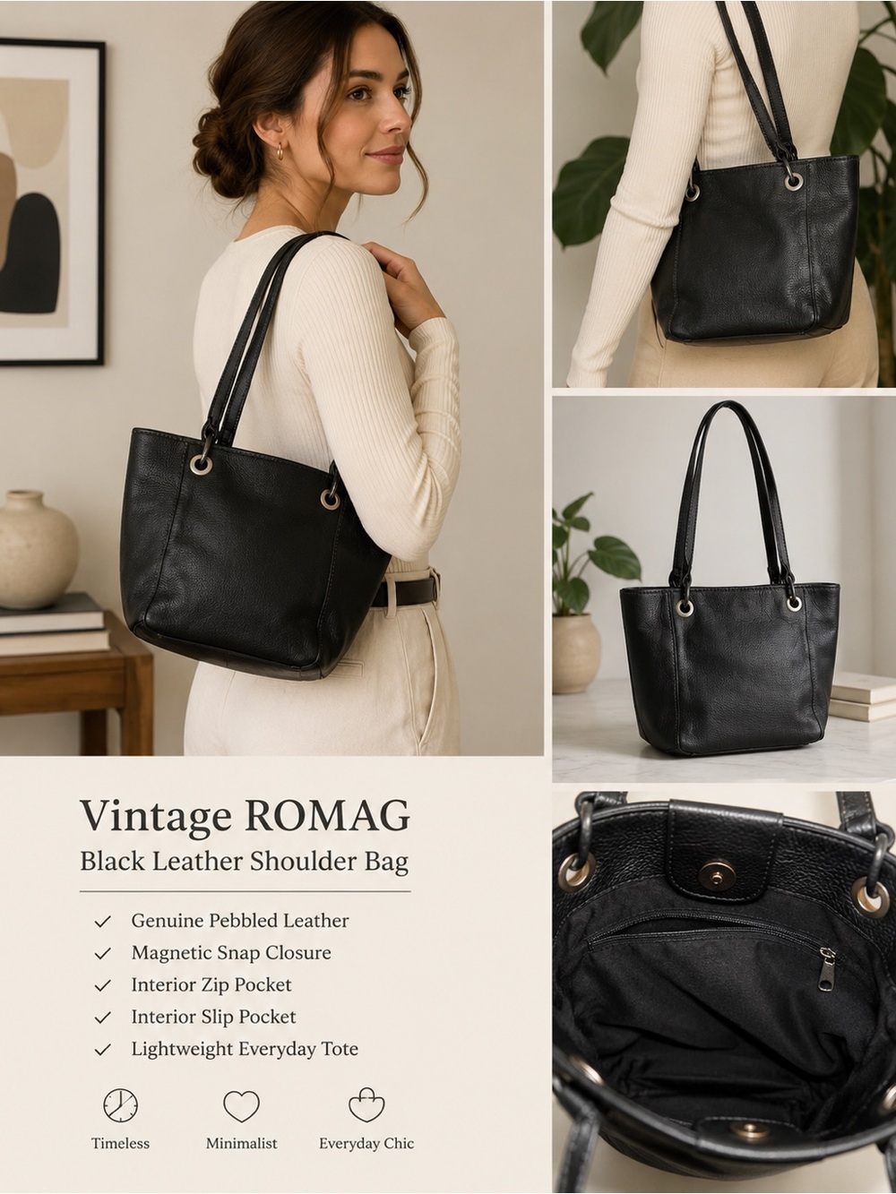Vintage ROMAG Genuine Black Leather Shoulder Tote Bag Minimalist Pebbled Purse